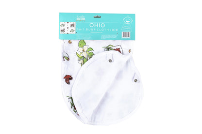 Baby bib and burp cloth set with "Ohio Baby" text, featuring a floral design in soft pastel colors.