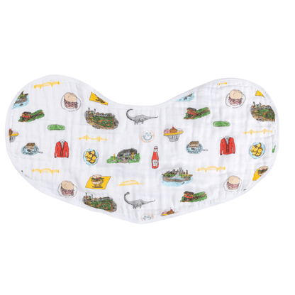 Baby bib and burp cloth set with Pittsburgh skyline design, featuring iconic yellow bridges and cityscape.