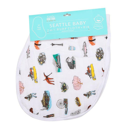 Baby bib and burp cloth set featuring Seattle landmarks in a playful, colorful design on a white background.