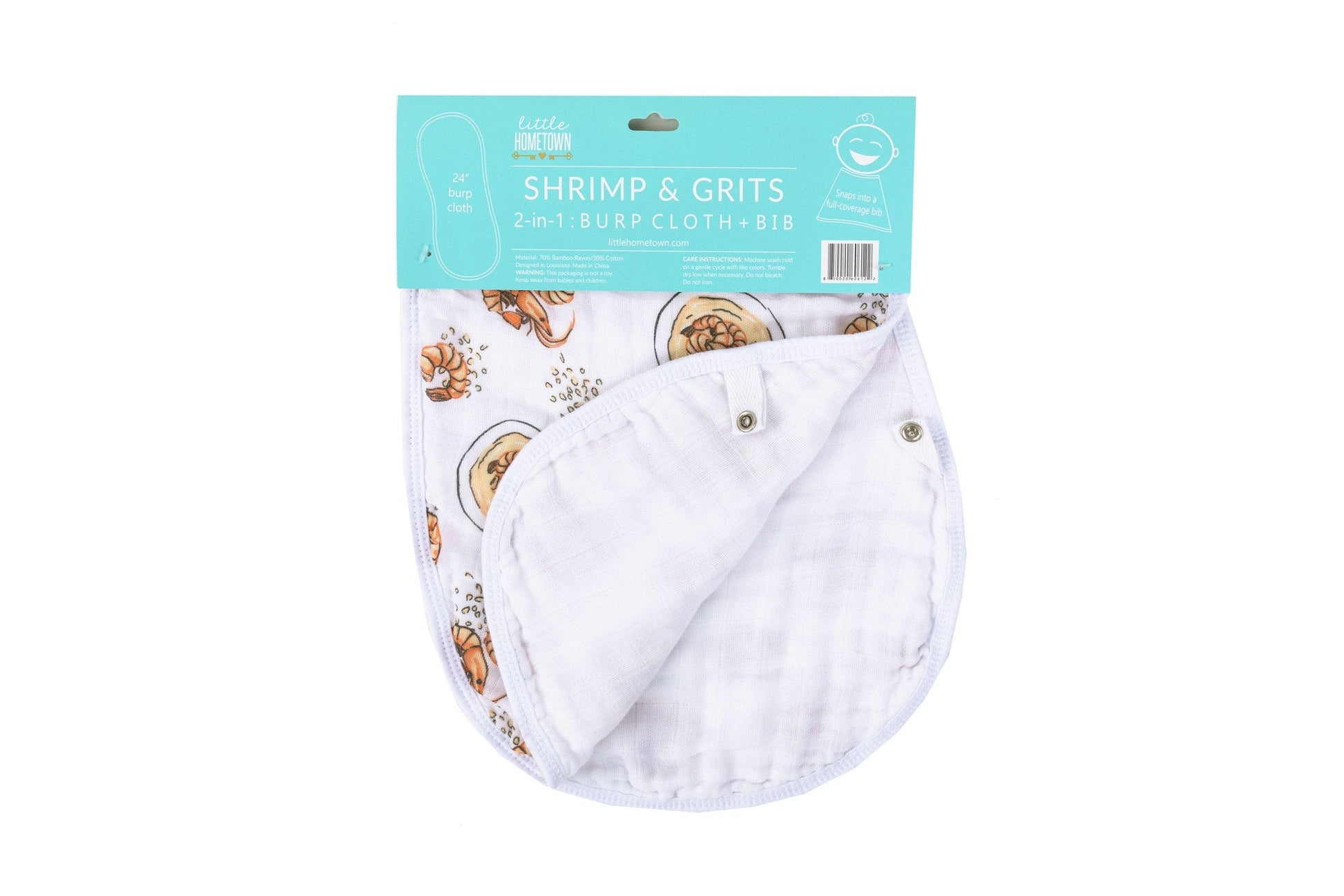 Baby bib and burp cloth set with playful shrimp and grits pattern, featuring pastel colors and soft fabric.