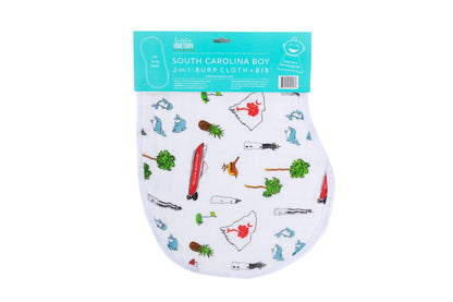 Blue and white baby bib and burp cloth set with "South Carolina Boy" text and state outline design.