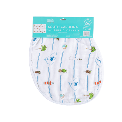 Baby bib and burp cloth set with South Carolina map design, featuring landmarks and playful illustrations.