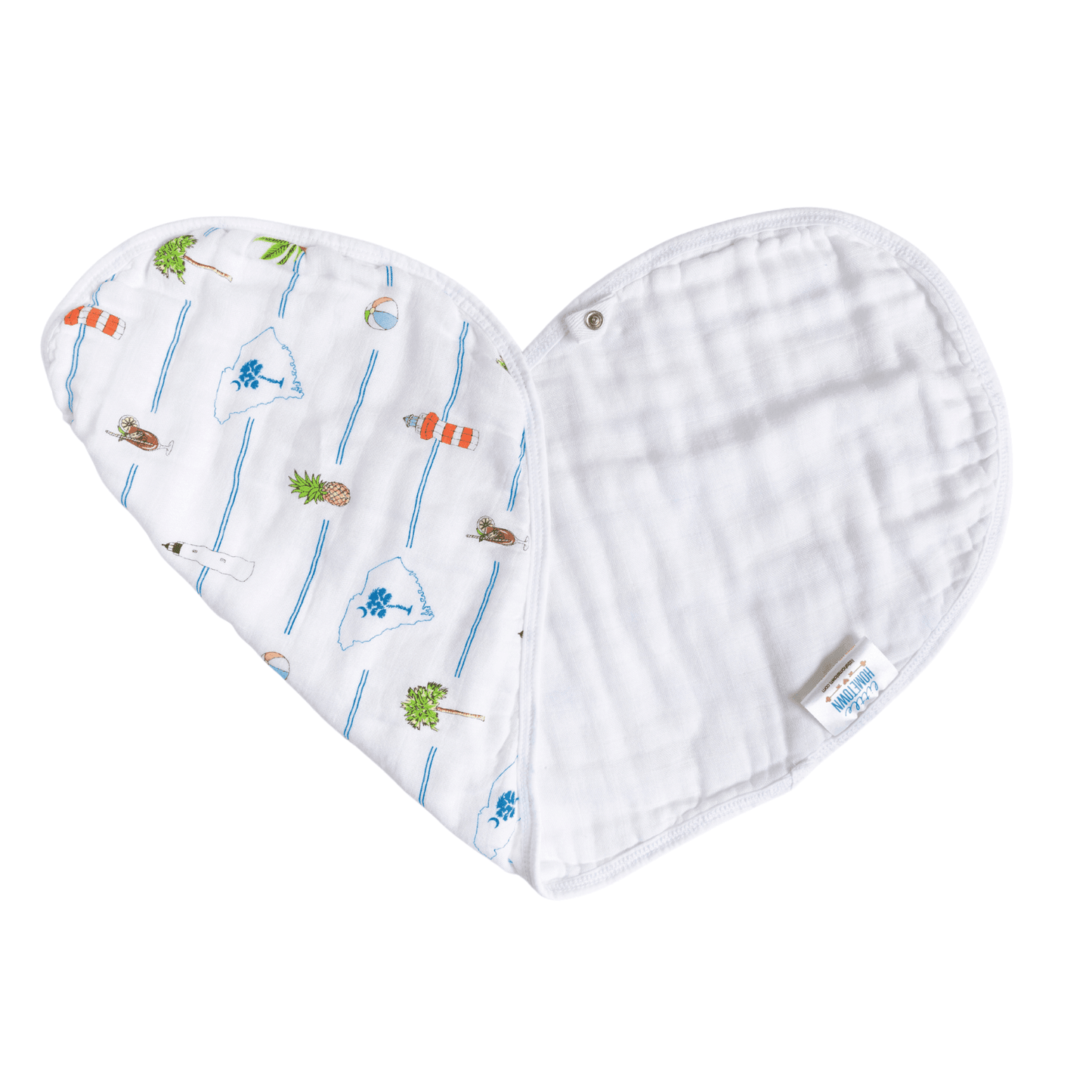 Baby bib and burp cloth set featuring a South Carolina map with icons, in soft pastel colors.