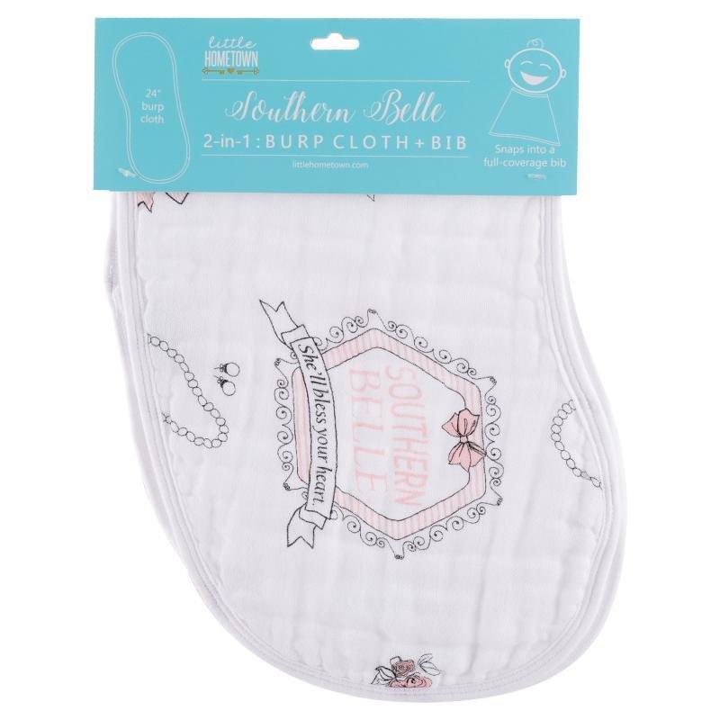 Baby bib and burp cloth set with 'Southern Belle' text, featuring pink floral patterns on a white background.