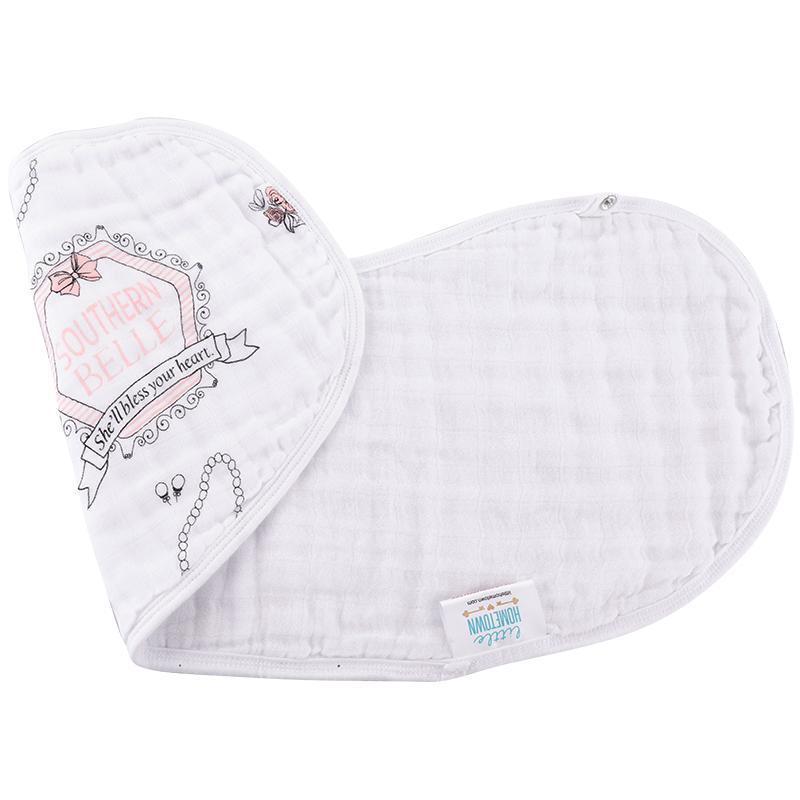 Baby bib and burp cloth set with "Southern Belle" text, featuring pink floral patterns on a white background.