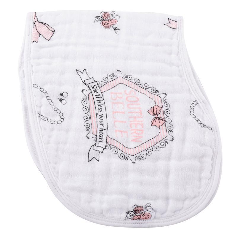 Pink and white baby bib and burp cloth set with "Southern Belle" text, featuring floral patterns and soft fabric.