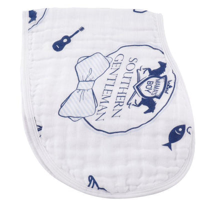 Baby bib and burp cloth set with "Southern Gentleman" text, featuring a bow tie and mustache design on white fabric.