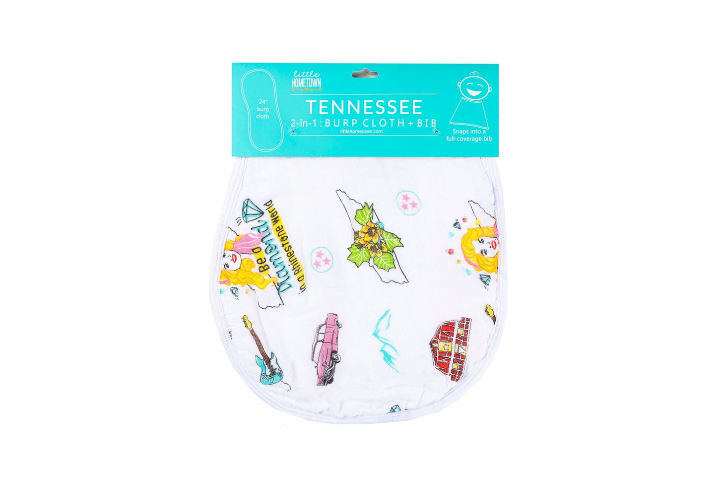 Tennessee-themed baby bib and burp cloth set with floral patterns, featuring "Tennessee Baby" text in pink.