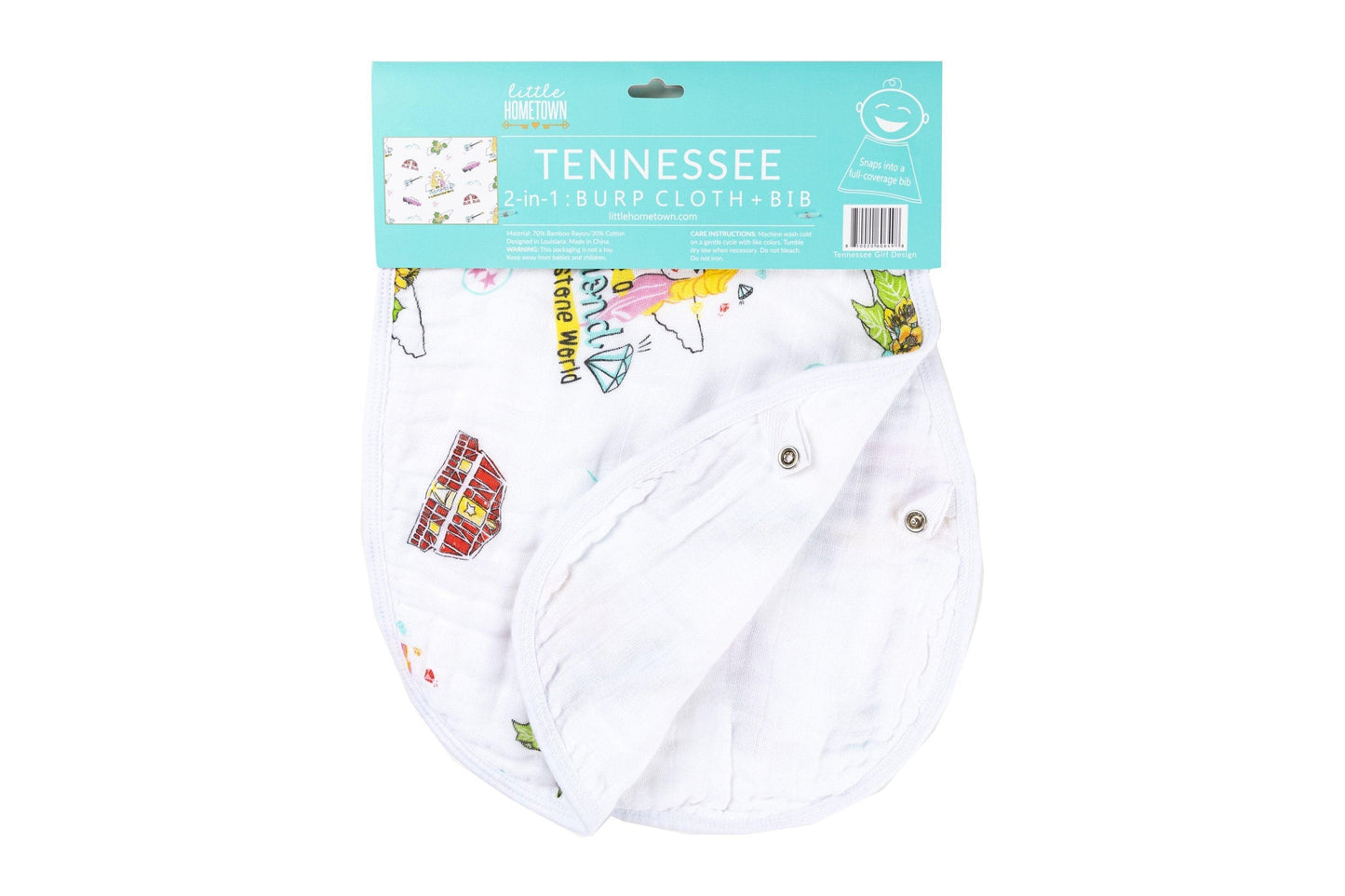 Baby bib and burp cloth set with Tennessee floral design, featuring pink and yellow flowers on a white background.