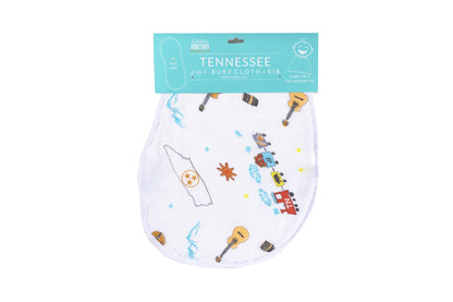 Tennessee-themed baby bib and burp cloth set featuring state icons and "Tennessee Baby" text in playful fonts.