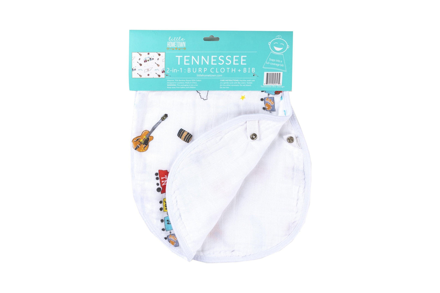 Tennessee-themed baby bib and burp cloth set featuring state symbols and "Tennessee Baby" text in vibrant colors.