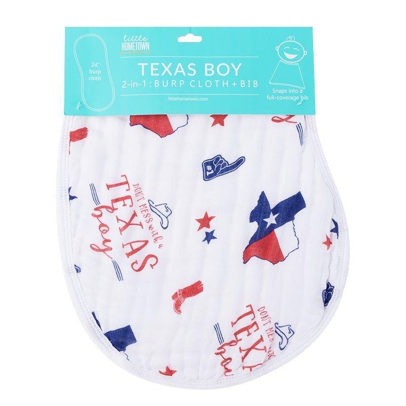 White baby bib and burp cloth set with "Texas Boy" text and blue star, featuring a cowboy hat and boots.