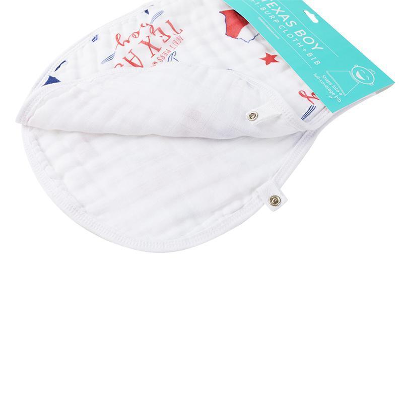 White baby bib and burp cloth set with "Texas Boy" text and blue star, featuring a Texas state outline.