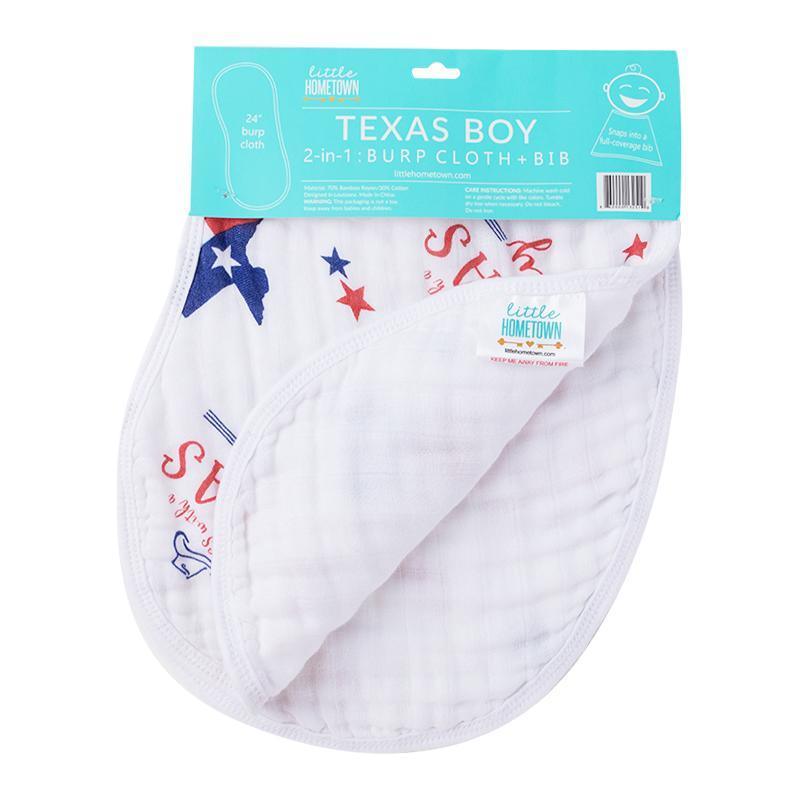 Texas-themed baby bib and burp cloth set with "Texas Boy" text, featuring blue and white patterns and state icons.