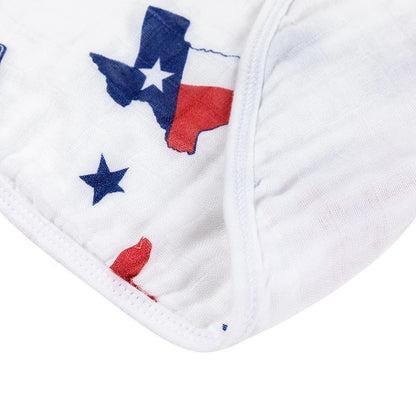 Baby bib and burp cloth set with "Texas Boy" text, featuring blue and white stripes and a Texas state outline.