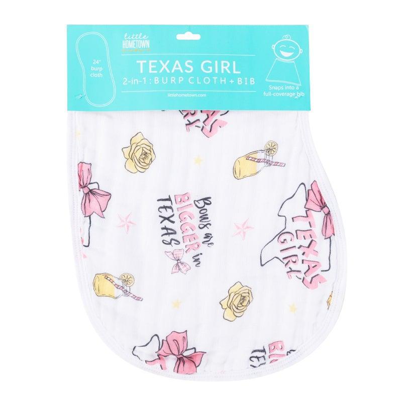 Pink baby bib and burp cloth set with "Texas Girl" text, featuring a cute Texas map and floral designs.