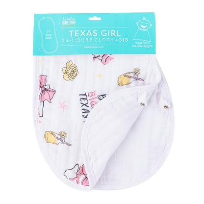 Pink baby bib and burp cloth set with "Texas Girl" text, featuring a cute Texas state outline and floral design.