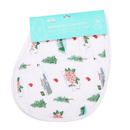 Baby bib and burp cloth set featuring a Washington State map design with landmarks and icons in pastel colors.