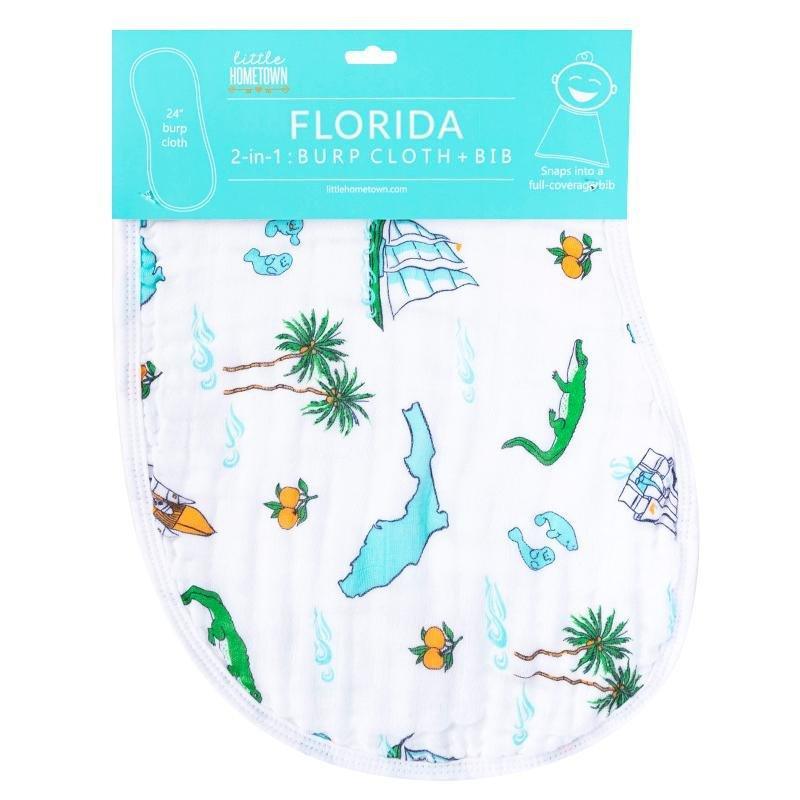 Baby burp cloth and wraparound bib set with Florida-themed design, featuring palm trees and oranges.