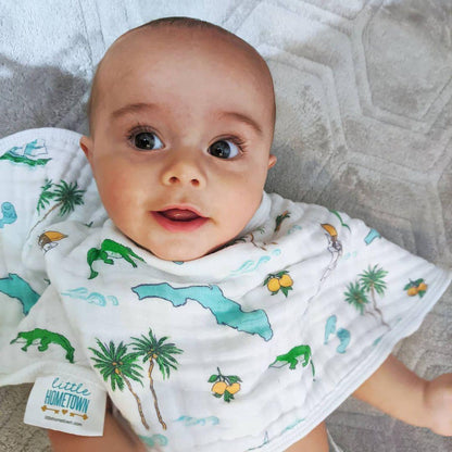 Baby burp cloth and wraparound bib set with Florida-themed illustrations, including oranges and palm trees.