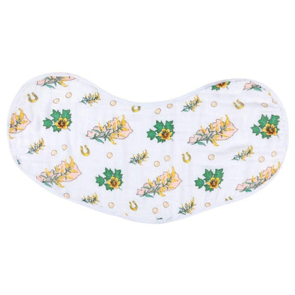Baby burp cloth and wraparound bib with Kentucky floral pattern, featuring blue and pink flowers on white fabric.