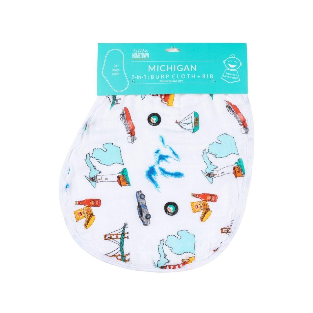 Baby burp cloth and wraparound bib set with Michigan-themed design, featuring state icons and landmarks.