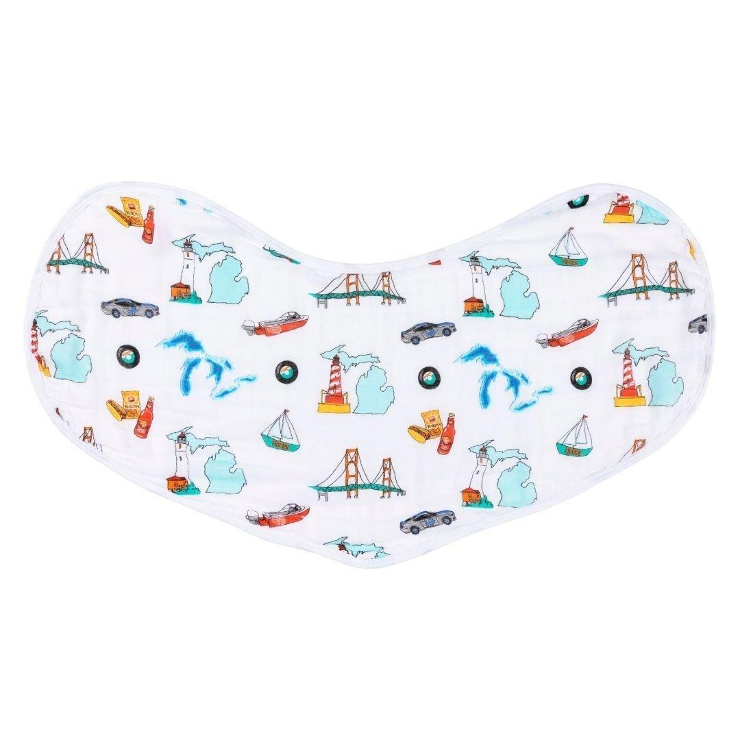Baby burp cloth and wraparound bib set featuring Michigan-themed designs with state icons and landmarks.