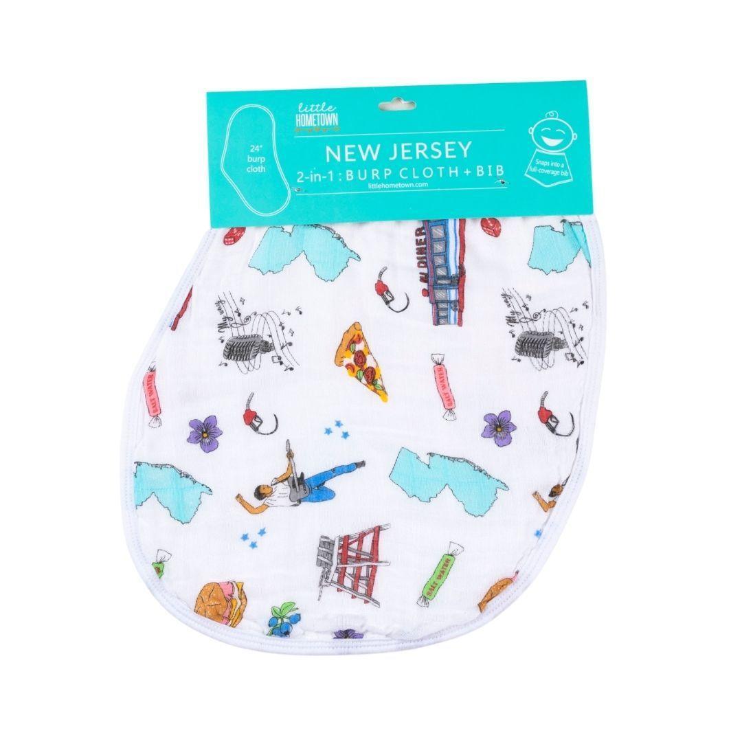 Baby burp cloth and wraparound bib set with "New Jersey Baby" text, featuring state icons and pastel colors.