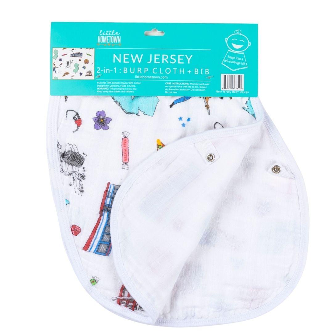 Baby burp cloth and wraparound bib set with "New Jersey Baby" text, featuring state icons and pastel colors.