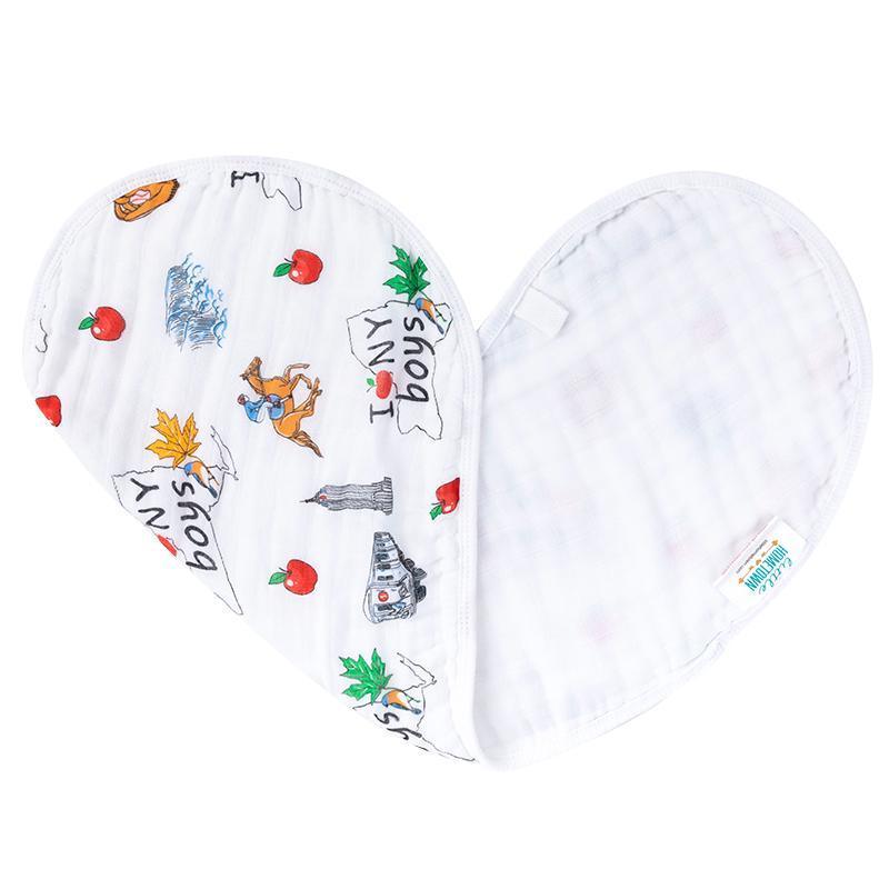 Baby burp cloth and wraparound bib set with New York City theme, featuring iconic landmarks and playful designs.