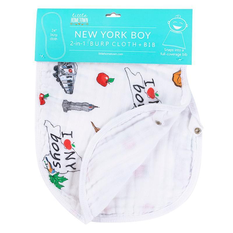 Baby burp cloth and wraparound bib set with New York-themed designs, featuring iconic city landmarks and symbols.