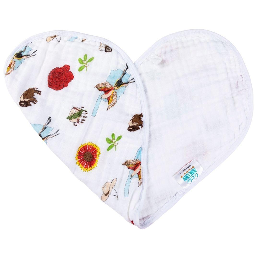 Baby burp cloth and wraparound bib set with "Oklahoma Baby" text, featuring state-themed illustrations.