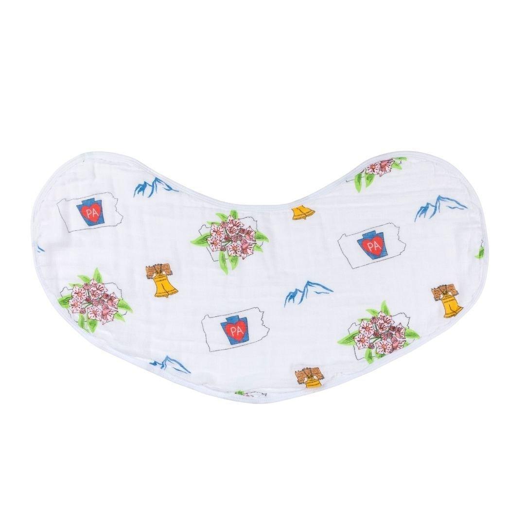 Baby burp cloth and wraparound bib set featuring Pennsylvania-themed illustrations and landmarks in soft pastel colors.