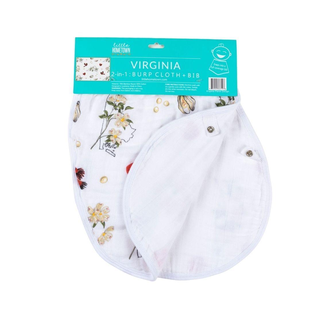 Baby burp cloth and wraparound bib with delicate Virginia floral pattern in soft pastel colors on white fabric.