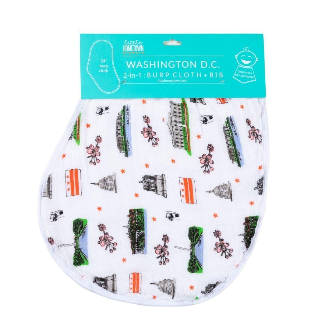 Baby burp cloth and wraparound bib set featuring a whimsical Washington, D.C. map with landmarks and icons.