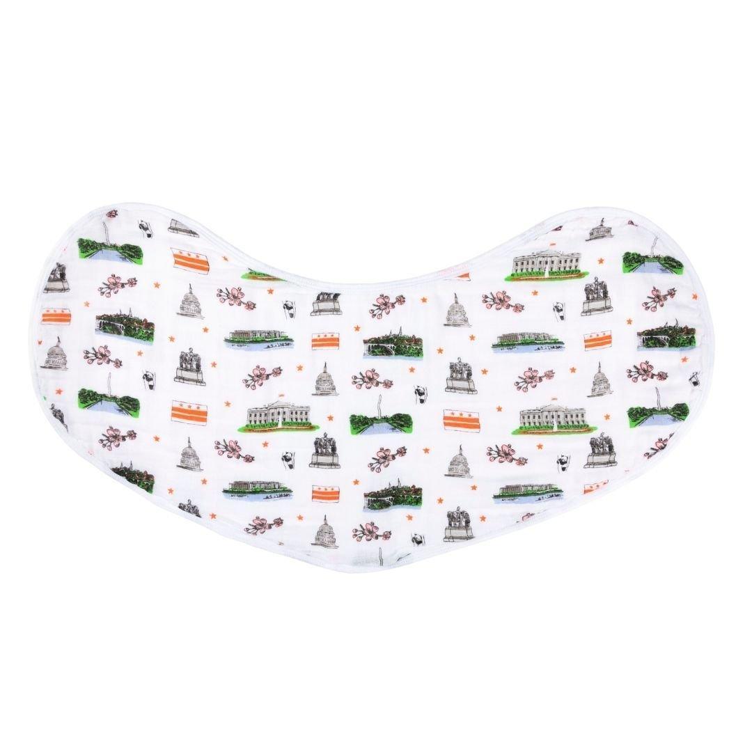 Baby burp cloth and wraparound bib set featuring a colorful Washington, D.C. map with landmarks and icons.