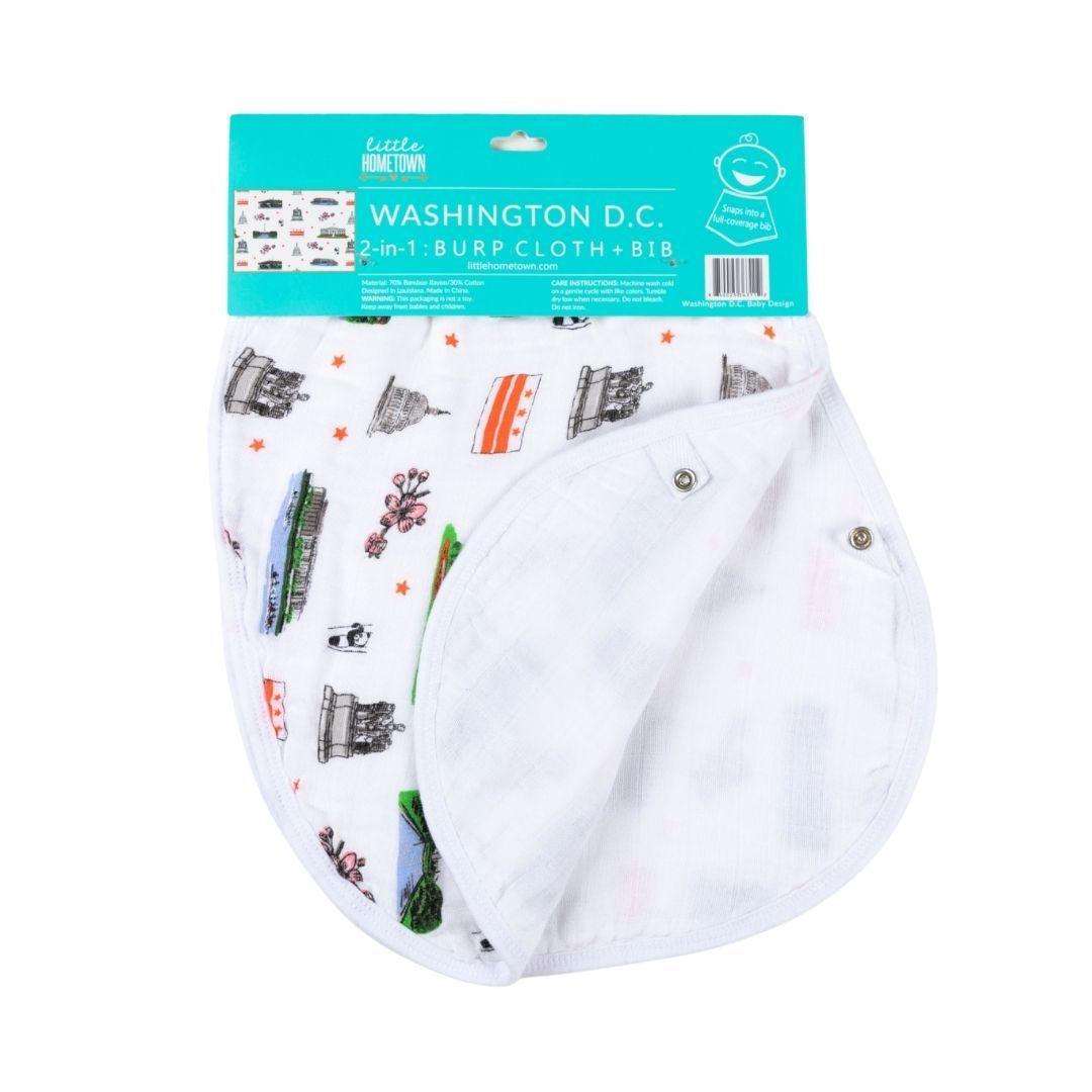 Baby burp cloth and wraparound bib set featuring a whimsical Washington D.C. map with landmarks and icons.