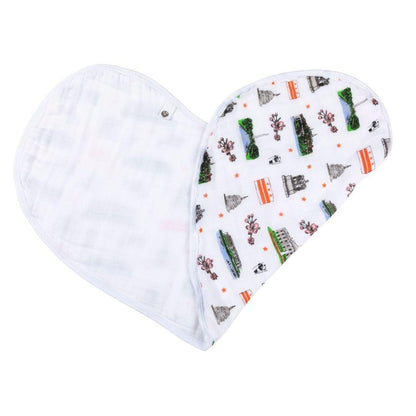 Baby burp cloth and wraparound bib set featuring Washington D.C. landmarks in a playful, colorful design.