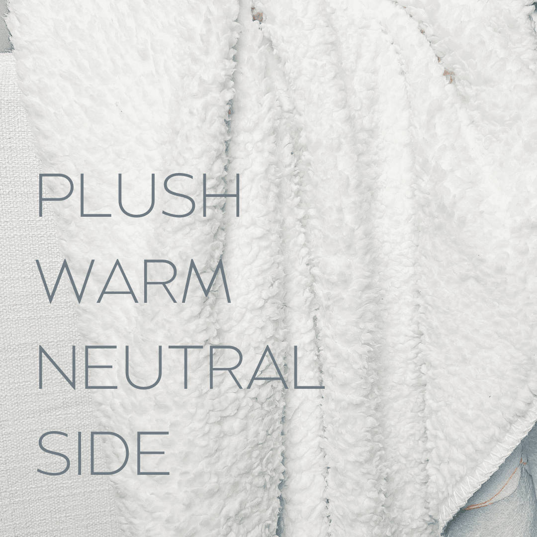 The back of Little Hometown's plush blanket showing the warm neutral side of the white fleece backing with the words "PLUSH WARM NEUTRAL SIDE" written in gray letters