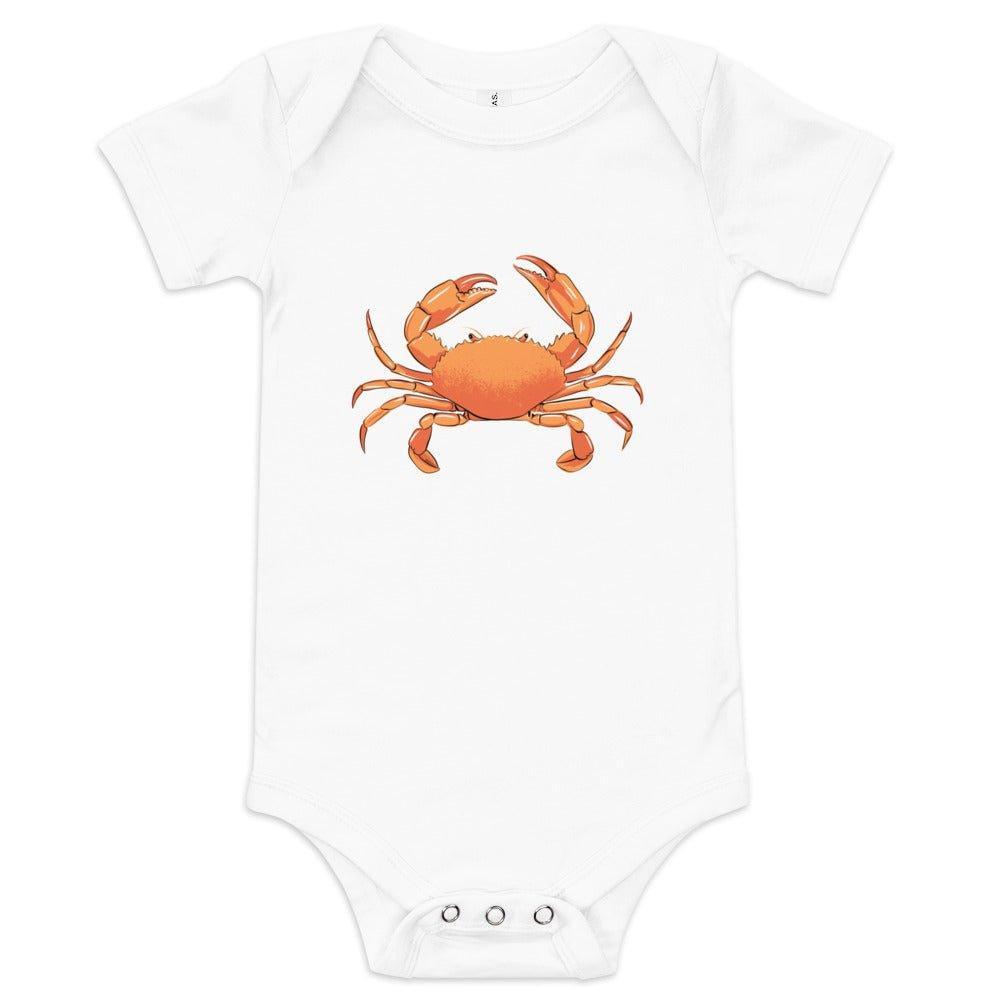 A white baby onesies with a light red crab printed on it on a white backgound