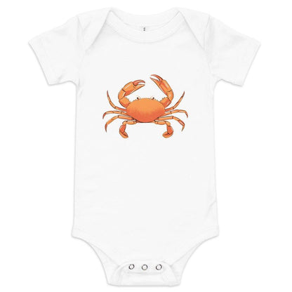 A white baby onesies with a light red crab printed on it on a white backgound