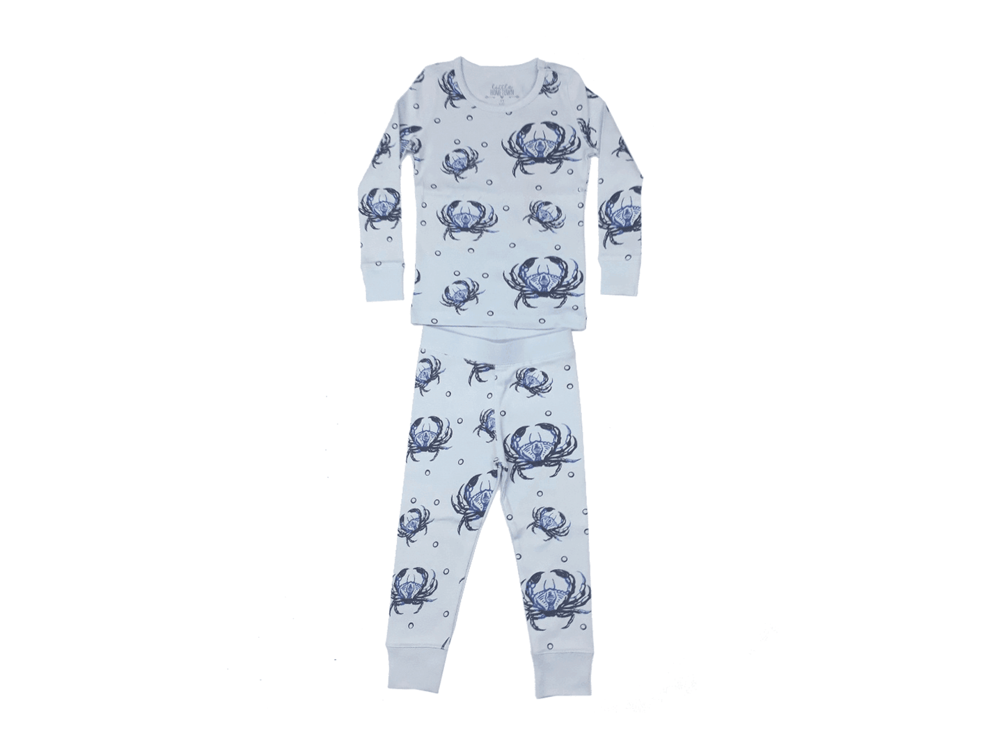 Toddler pajamas with playful blue crab pattern on a white background, featuring a cozy and soft fabric.