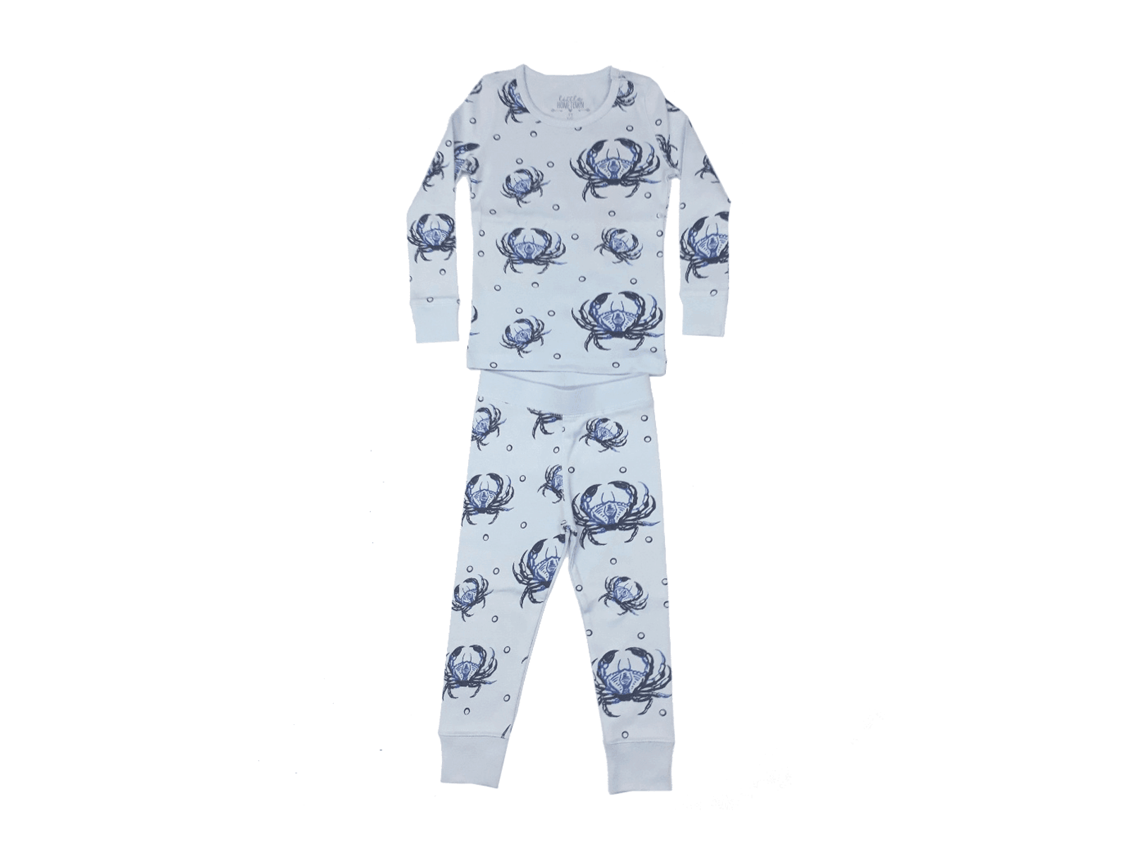 Toddler pajamas with playful blue crab pattern on a white background, featuring a cozy and soft fabric.
