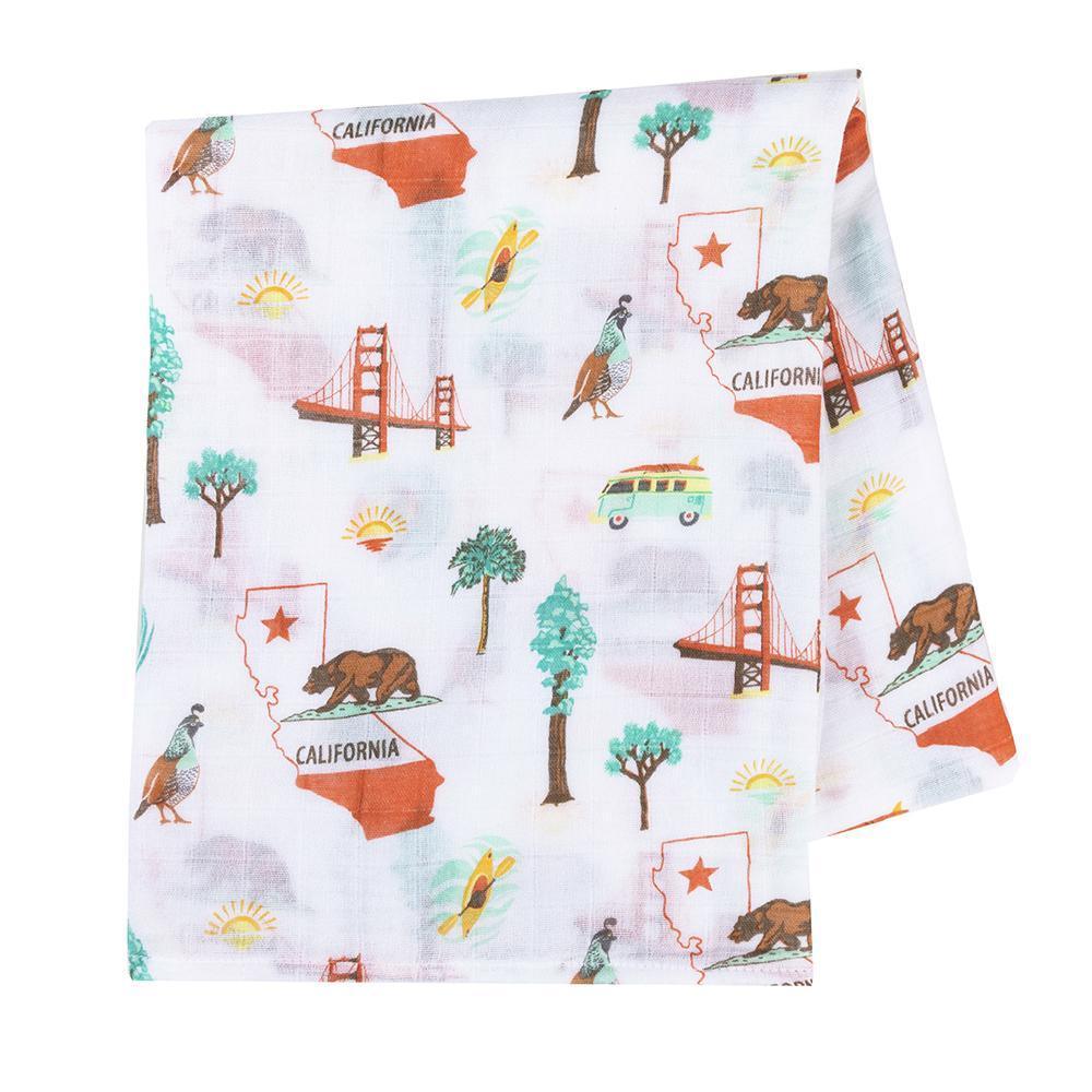 California-themed muslin swaddle blanket with colorful icons like palm trees, surfboards, and the Golden Gate Bridge.