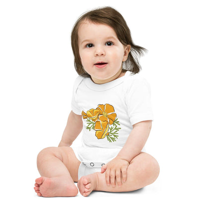 Baby wearing a onesie with a vibrant California golden poppy design on a white background.