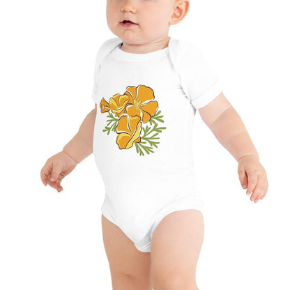 Baby wearing a onesie with a vibrant California golden poppy design on a white background.