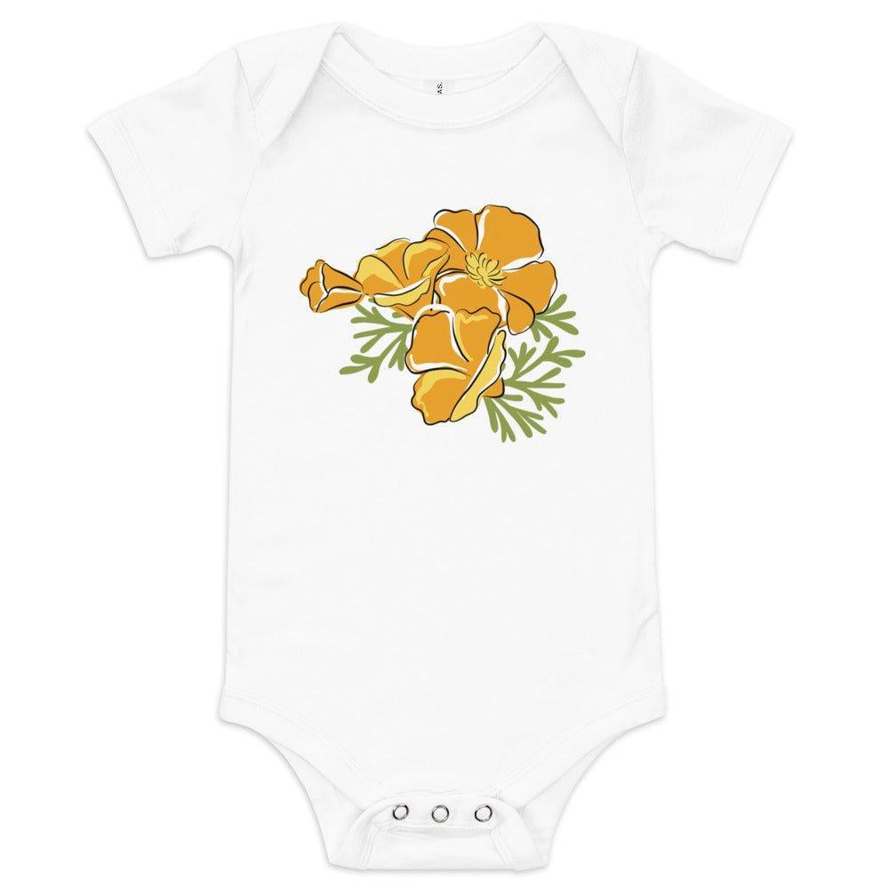 Baby onesie with a vibrant California golden poppy design on a white background.