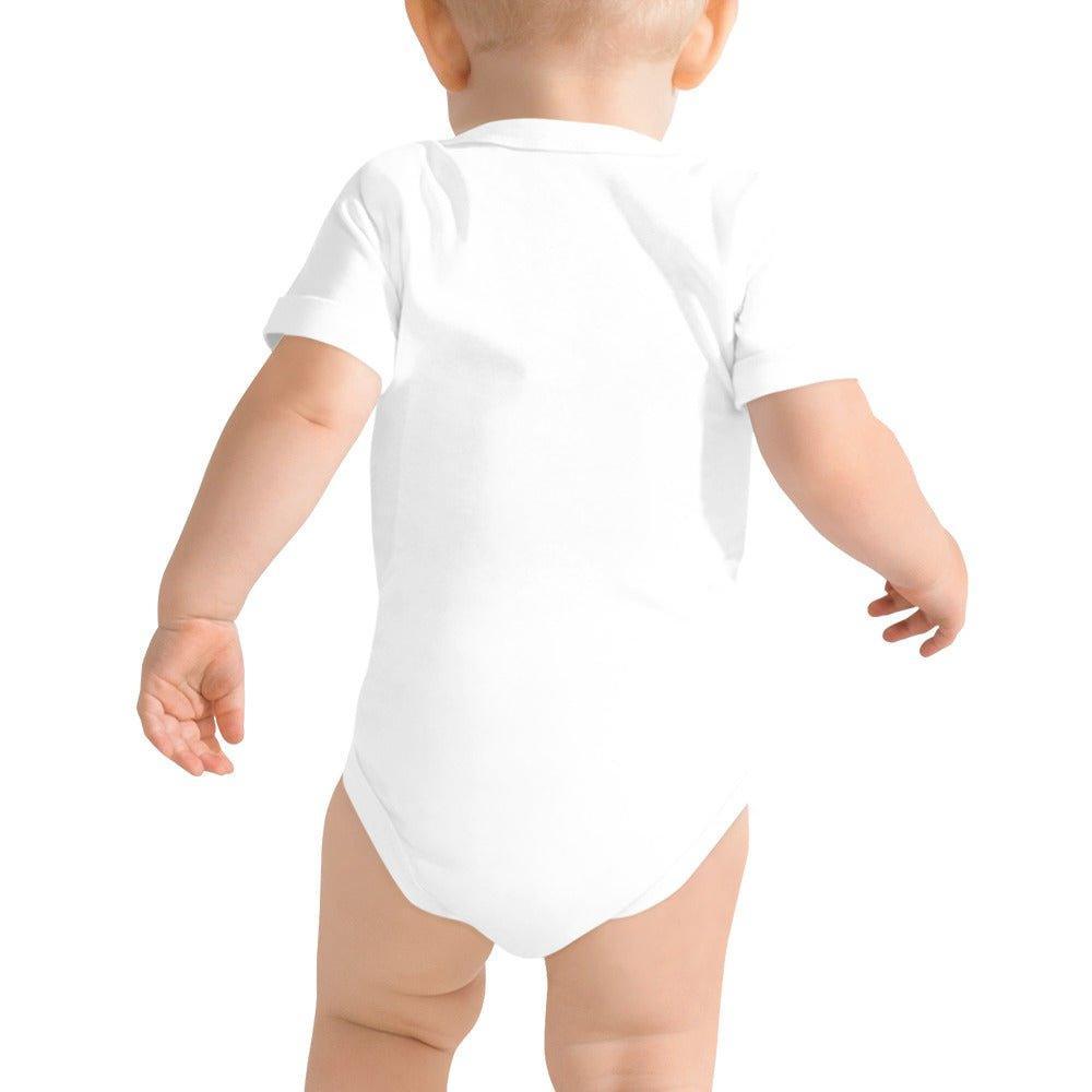 A baby wearing a Little Hometown onesies in white showing only the back with no design, it shows the high quality fabric and full coverage of the item