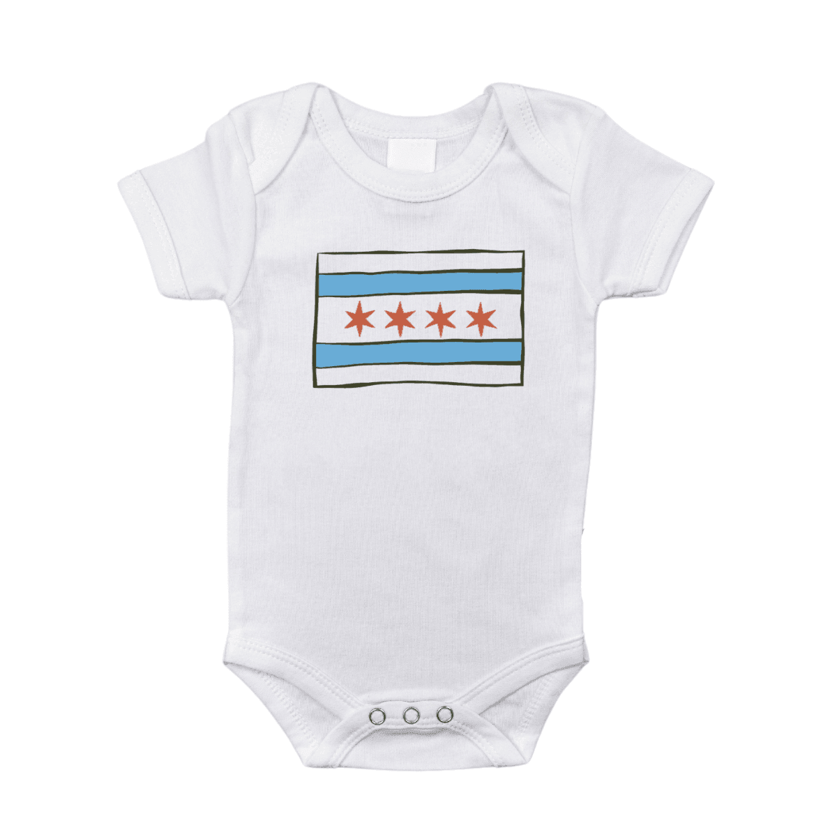 White baby onesie with "Chicago" and the city's flag featuring four red stars and two blue stripes.