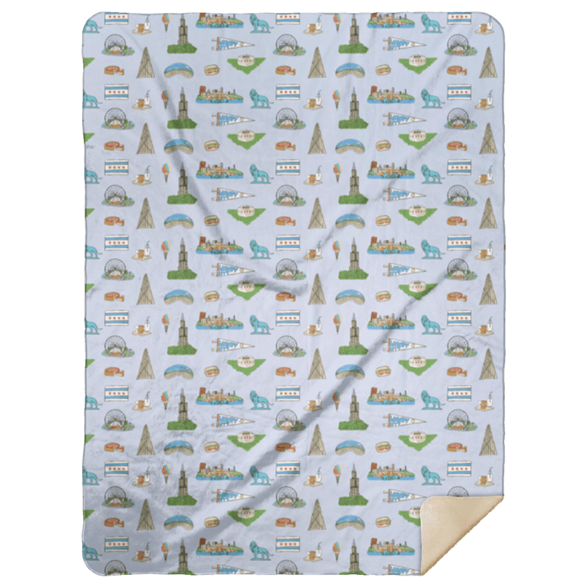 Chicago-themed plush throw blanket featuring iconic landmarks like the Willis Tower and Navy Pier, 60x80 inches.